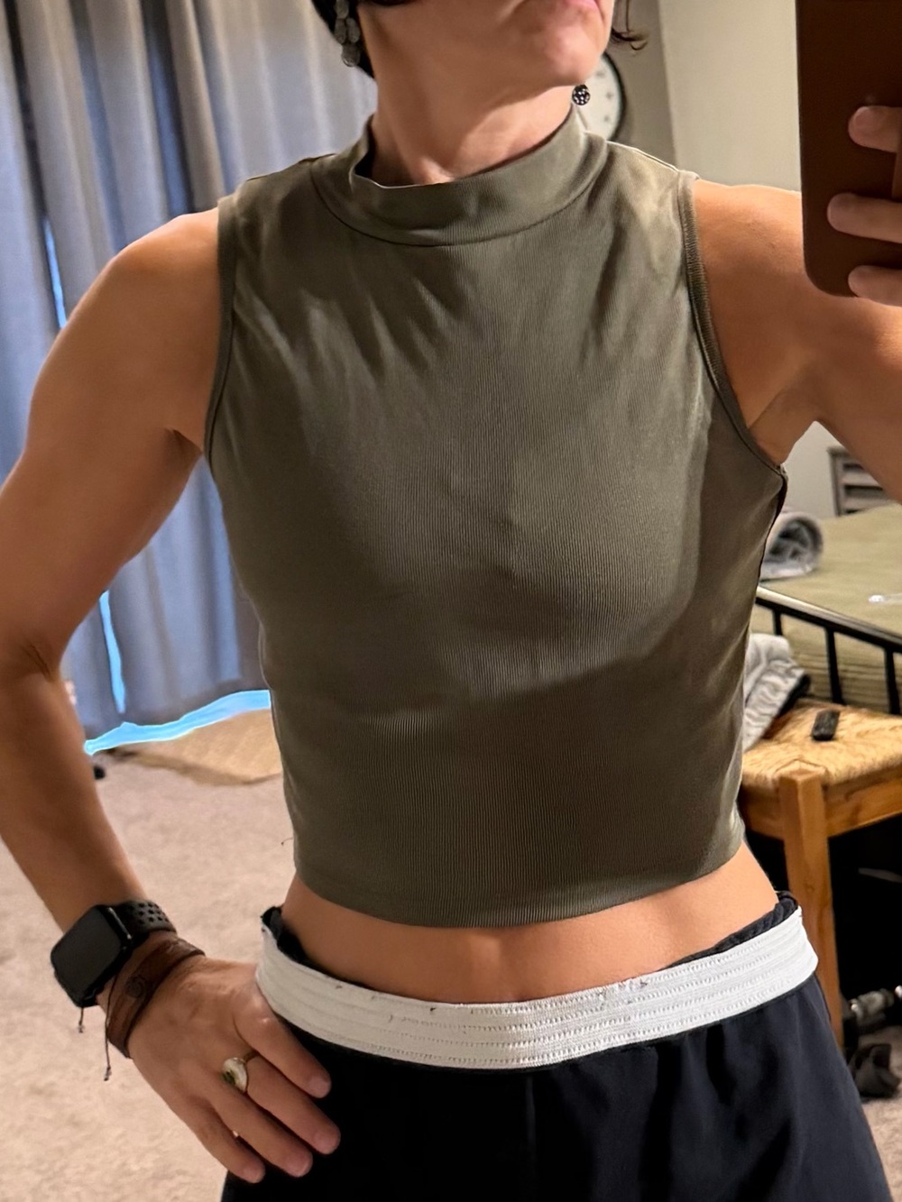 Acemi Olive Green Sleeveless Mock Neck Crop Top